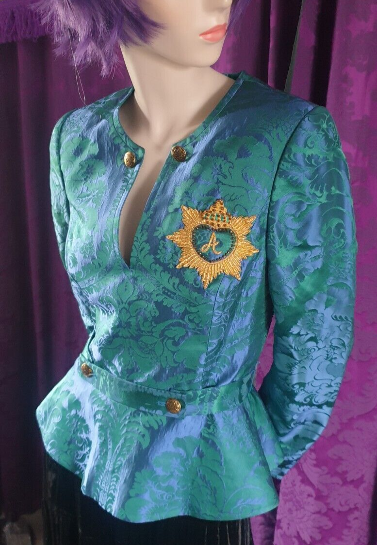 Handmade Damask Peplum Blouse with Goldwork Embroidery Crest