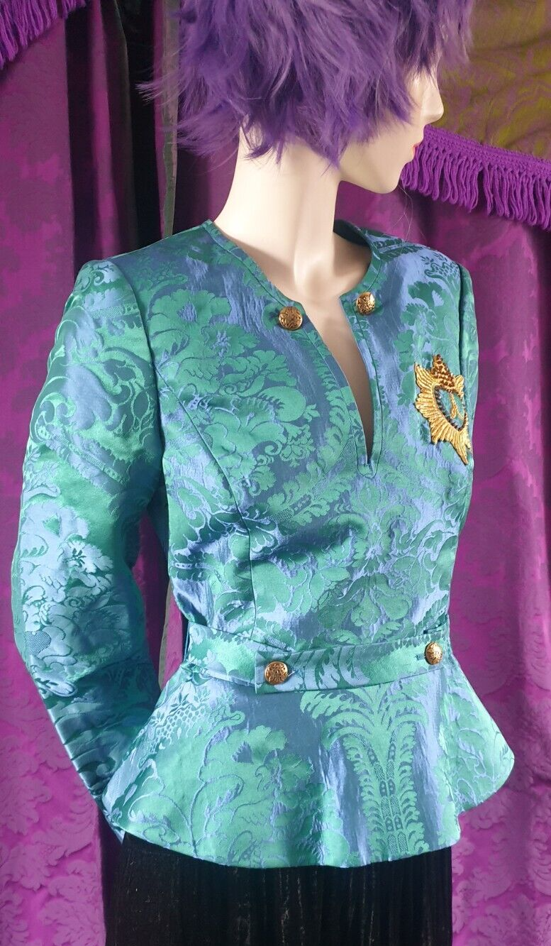 Handmade Damask Peplum Blouse with Goldwork Embroidery Crest