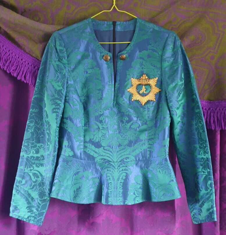 Handmade Damask Peplum Blouse with Goldwork Embroidery Crest