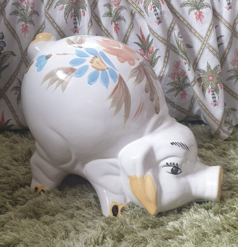 Vintage Jumbo Hand-Painted Ceramic Folk Art Style Piggy Bank