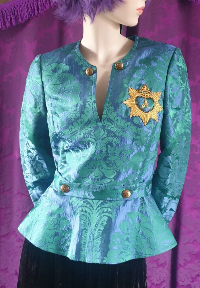 Handmade Damask Peplum Blouse with Goldwork Embroidery Crest