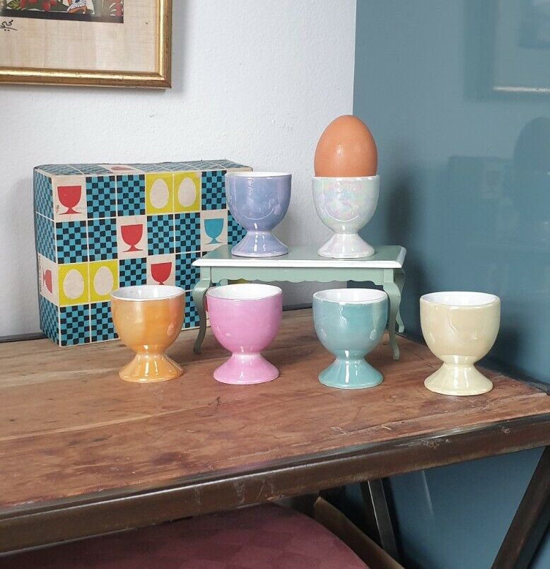 Vintage MCM Lustreware Multi-coloured Egg Cups in Original Box