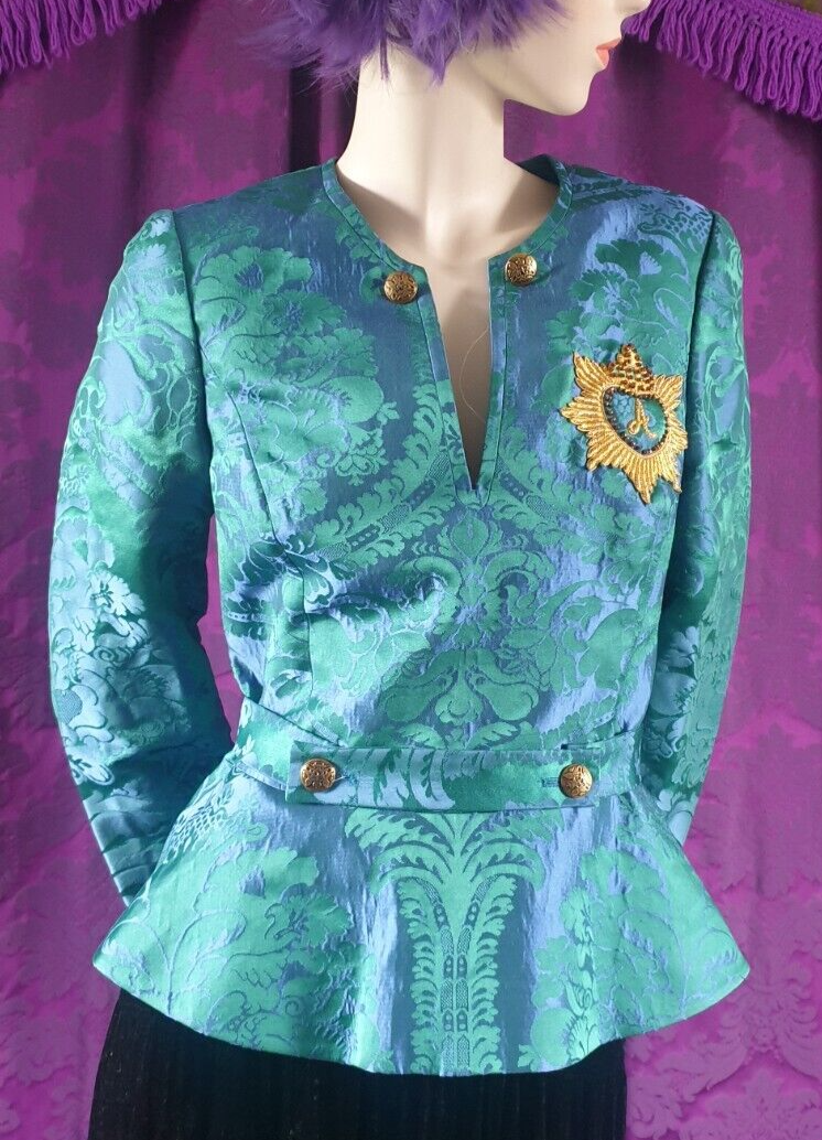 Handmade Damask Peplum Blouse with Goldwork Embroidery Crest