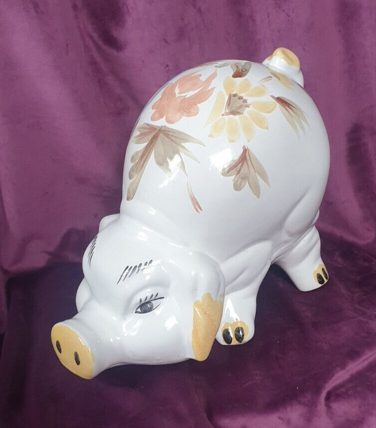 Vintage Jumbo Hand-Painted Ceramic Folk Art Style Piggy Bank