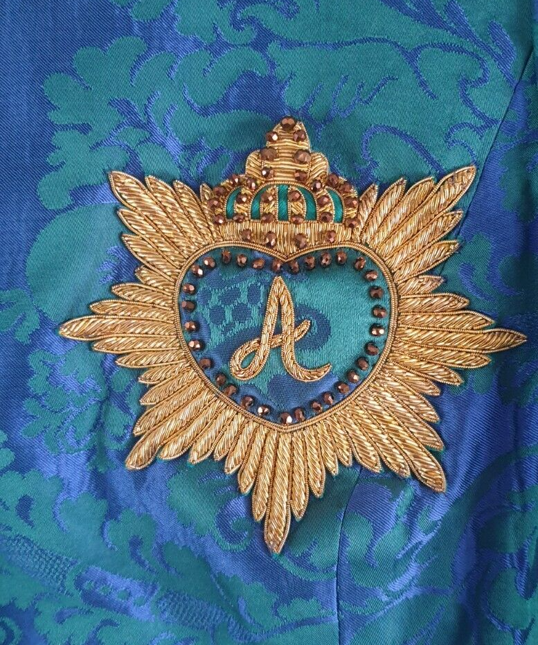 Handmade Damask Peplum Blouse with Goldwork Embroidery Crest
