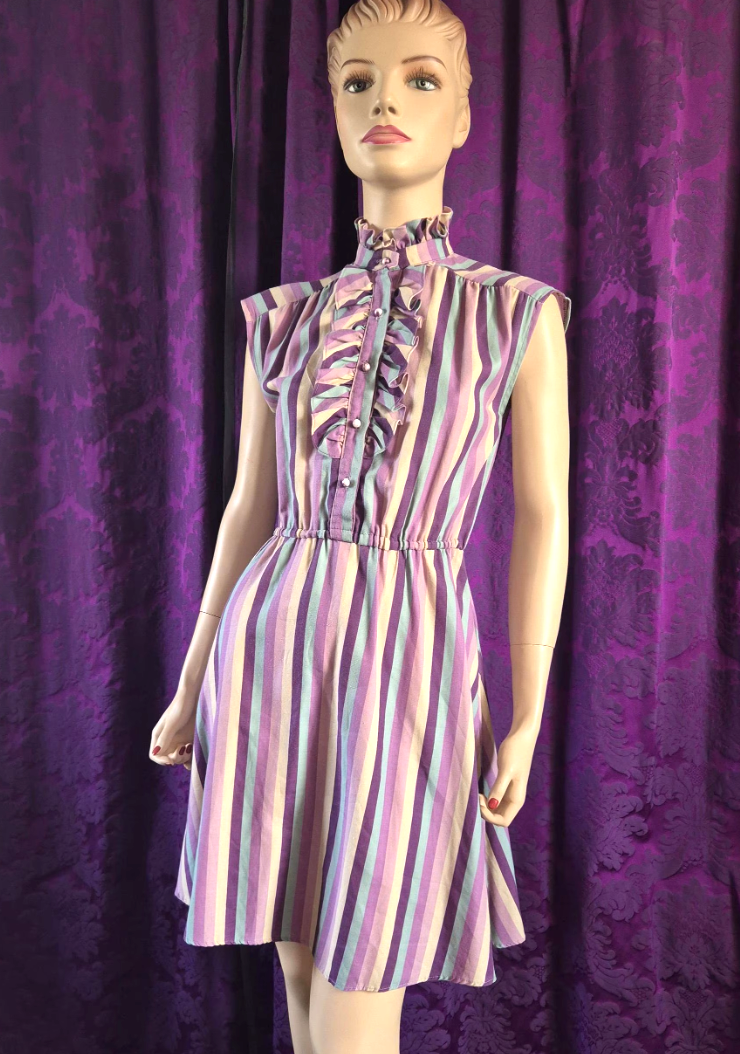 Vintage 1980s Lavender Stripe Ruffled Front Skater Dress