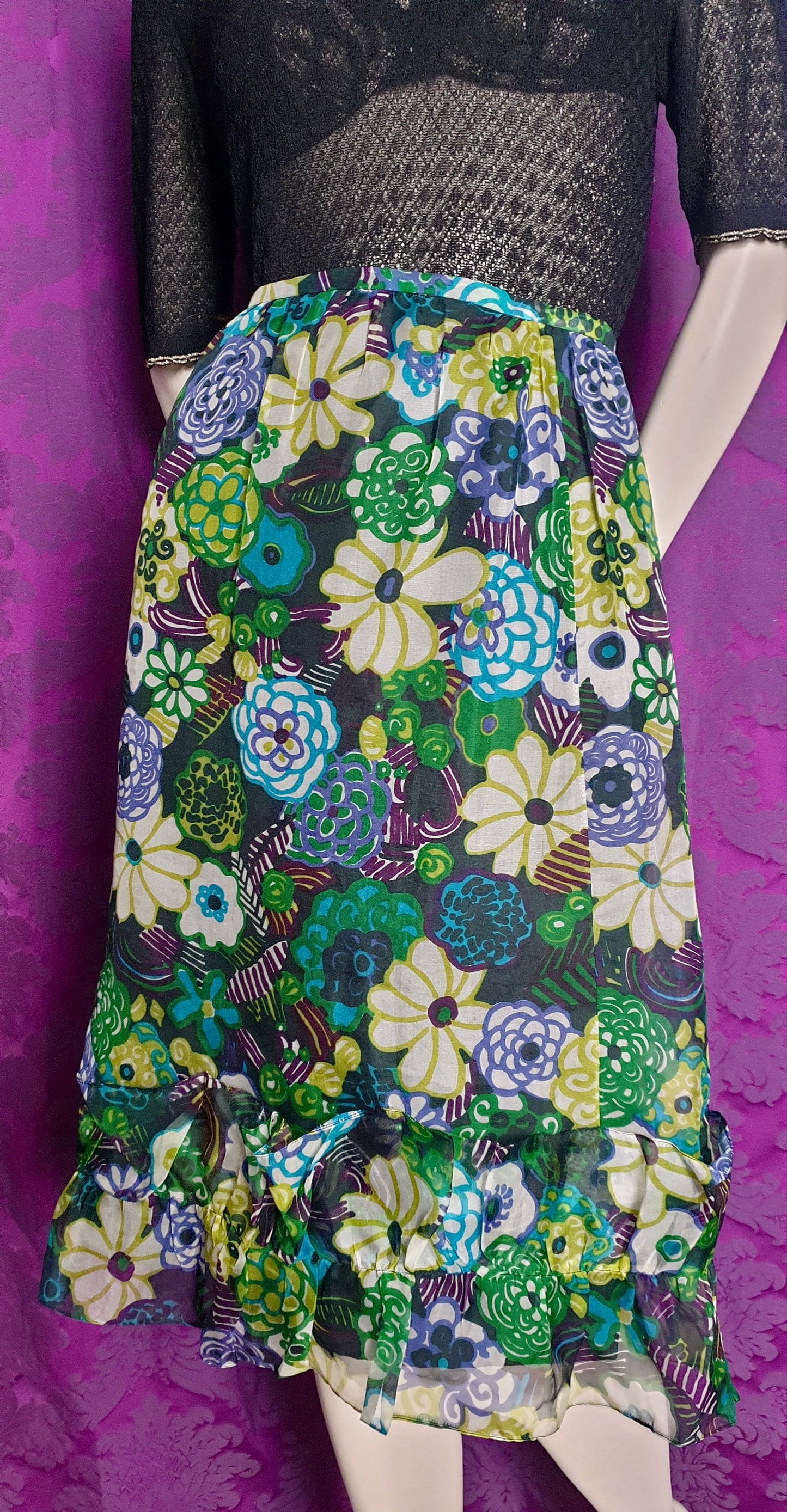 Vintage Psychedelic Floral Organza Ruffled Skirt
