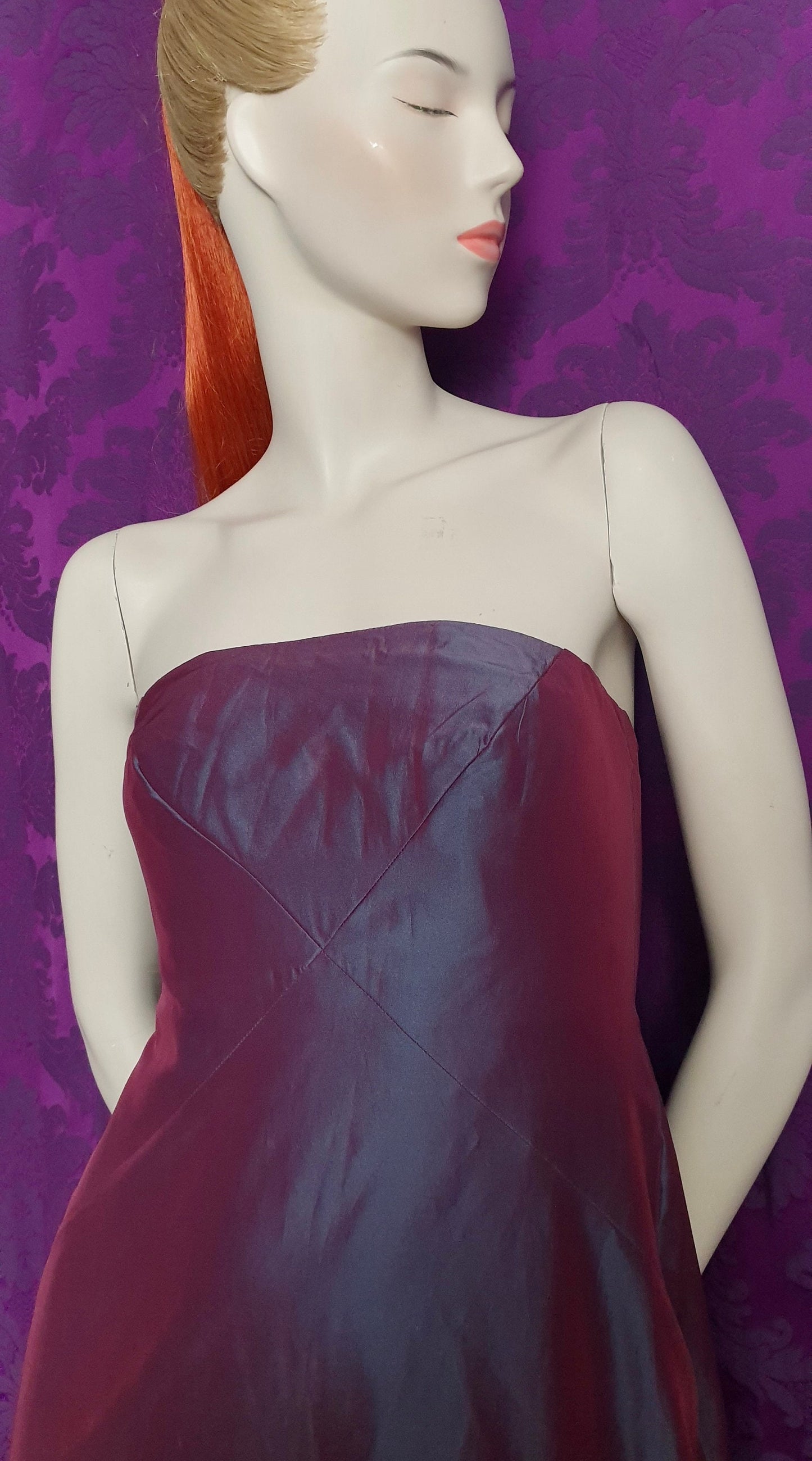 Vintage Y2K Monsoon Strapless Iridescent Plum Taffeta Gown