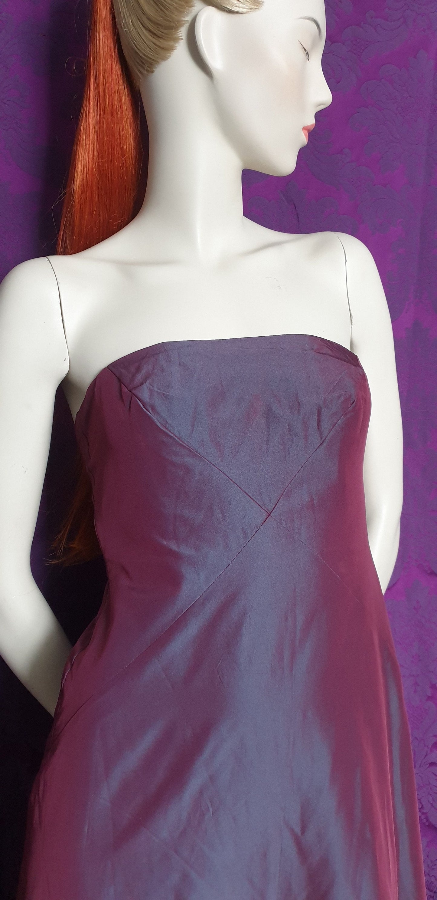 Vintage Y2K Monsoon Strapless Iridescent Plum Taffeta Gown