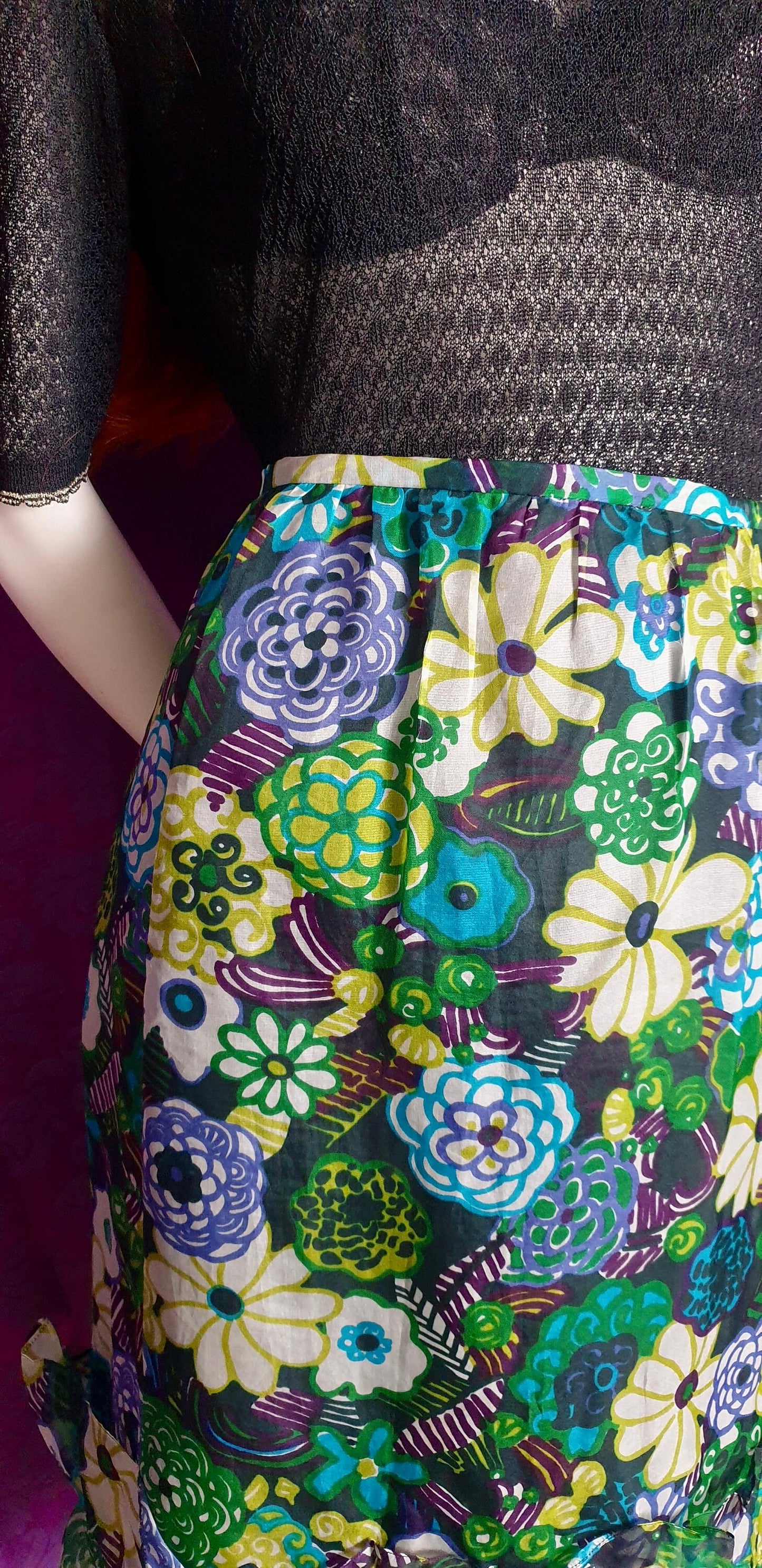 Vintage Psychedelic Floral Organza Ruffled Skirt