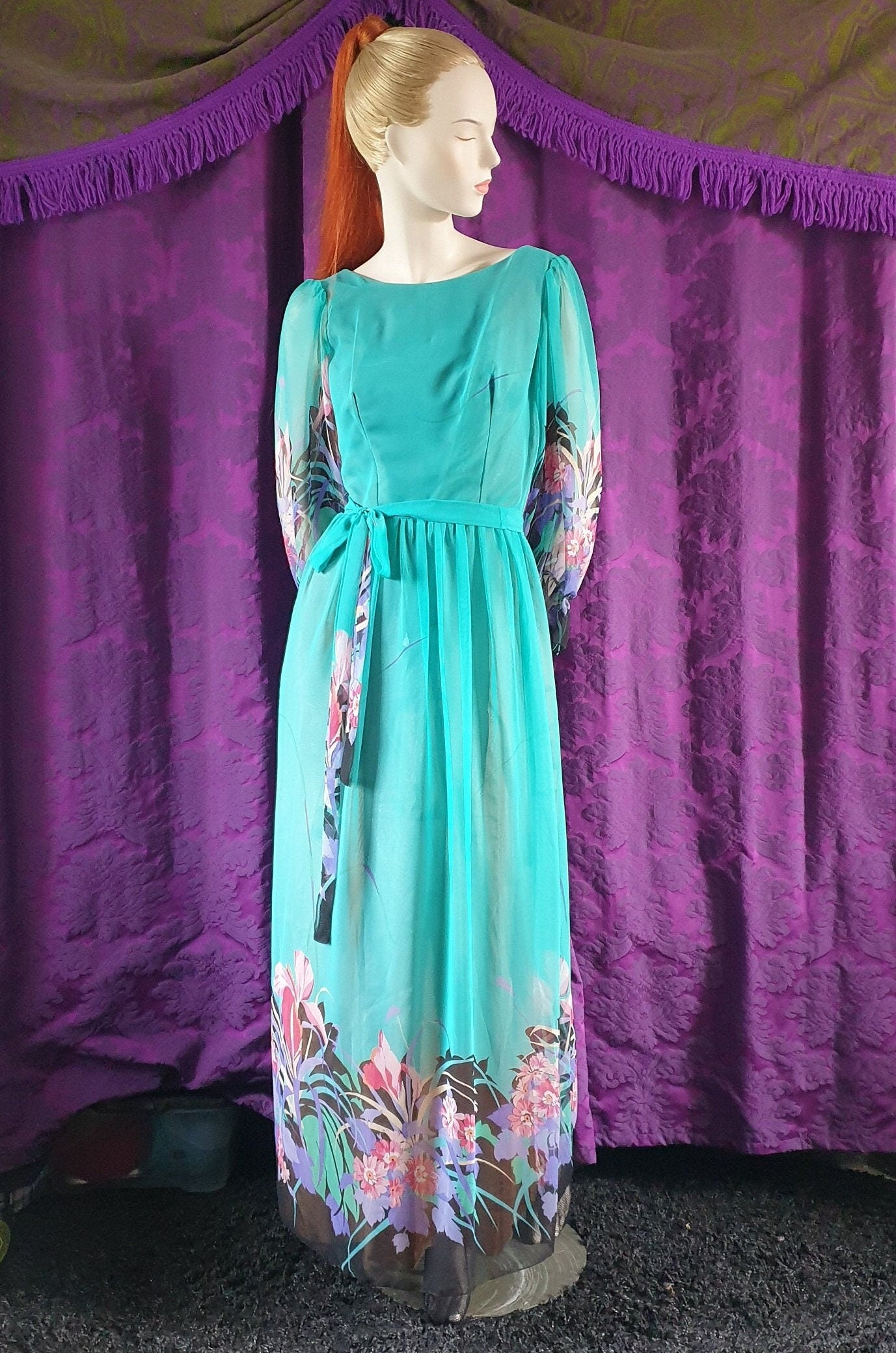 Vintage 1970s Floral Fantasy Chiffon Gown