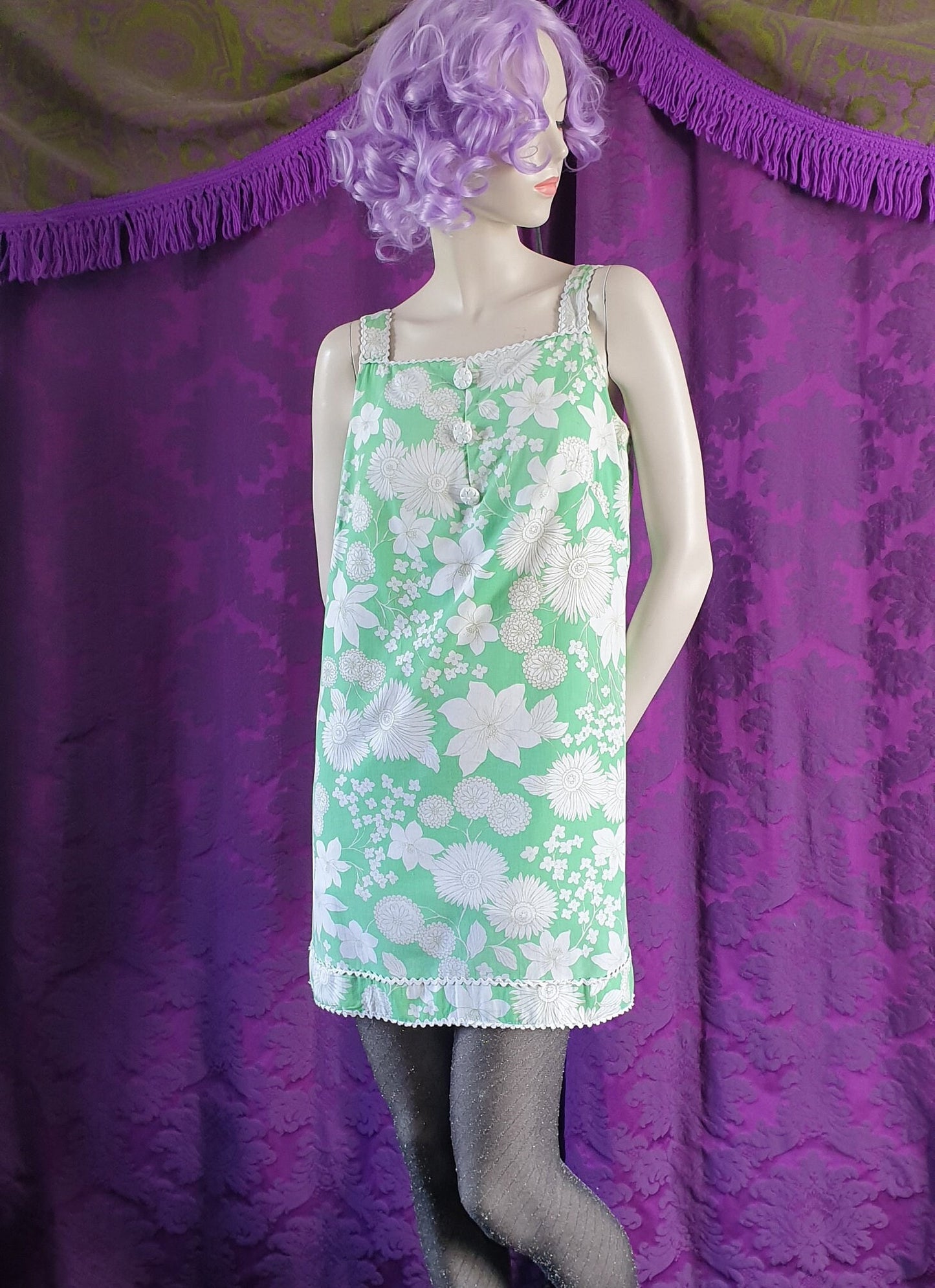 Vintage 1960s Mint Green Floral Cotton Micro Mini-Dress
