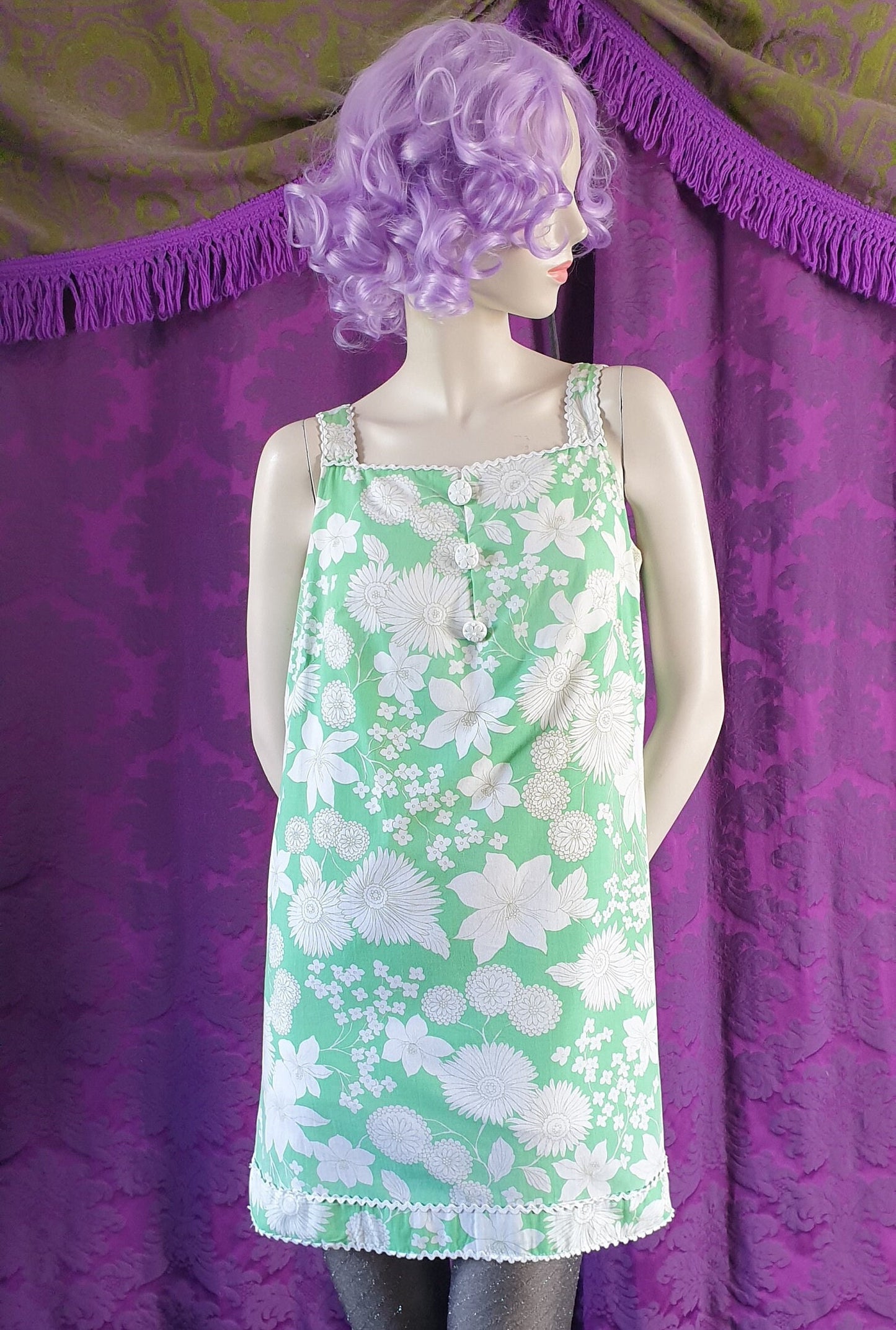 Vintage 1960s Mint Green Floral Cotton Micro Mini-Dress