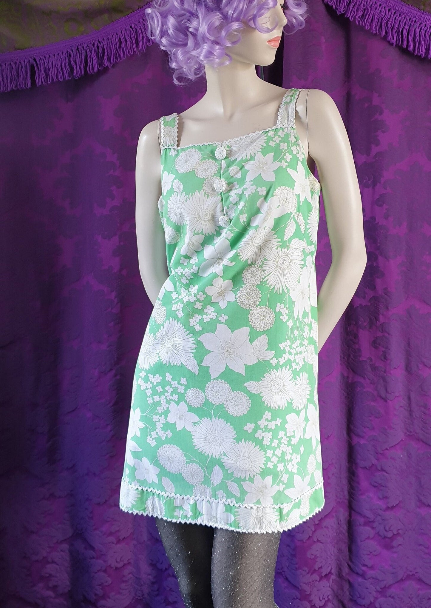 Vintage 1960s Mint Green Floral Cotton Micro Mini-Dress