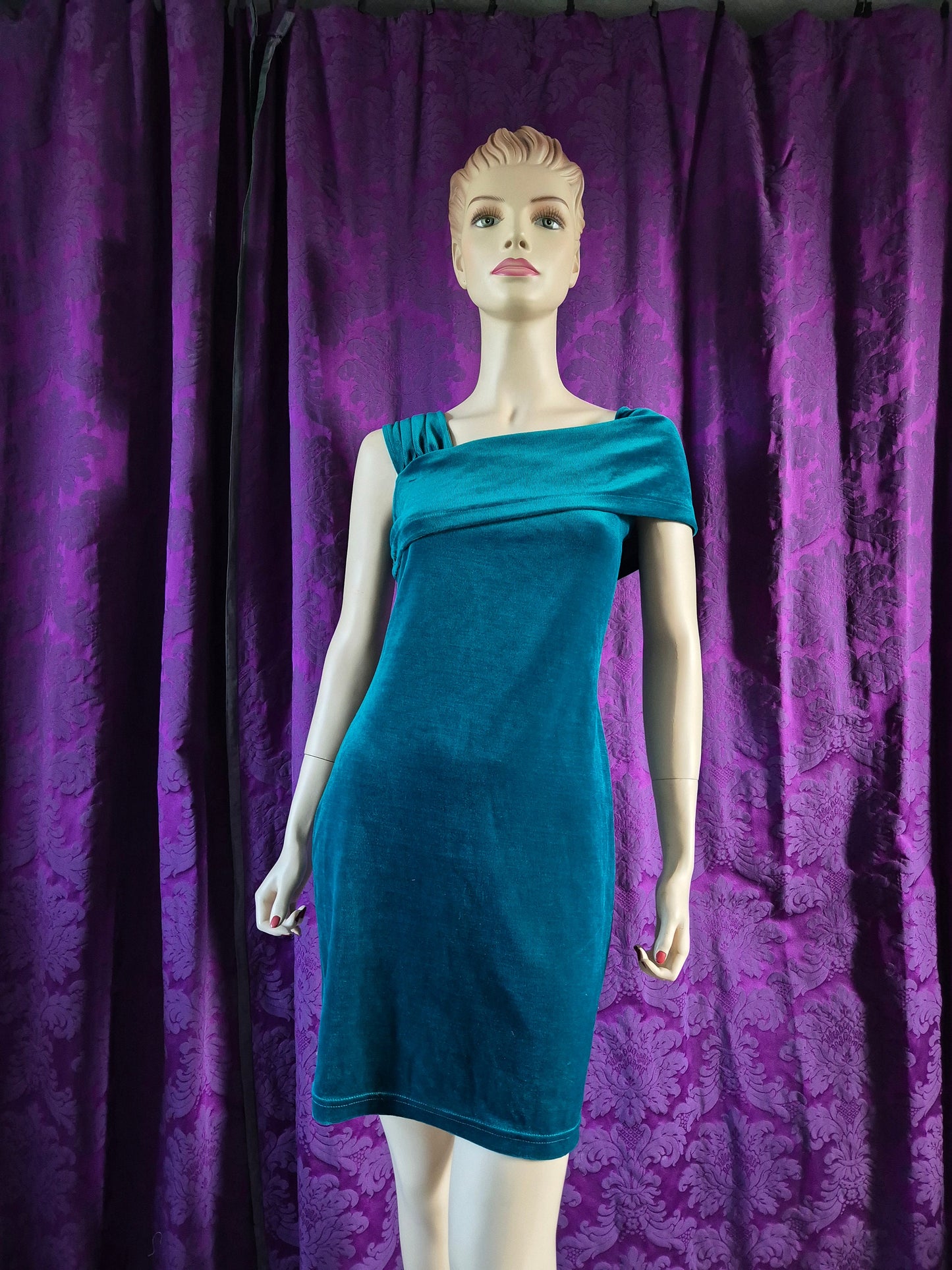 Vintage Peacock Blue Velvet One Shoulder Body-Con Dress