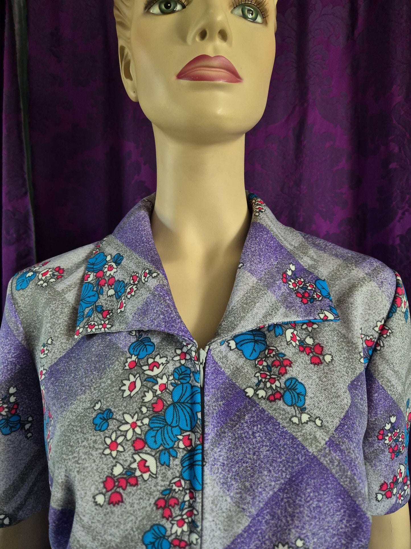 Vintage 1970s Lavender Floral & Geometric Zip-Front Minidress - Plus size