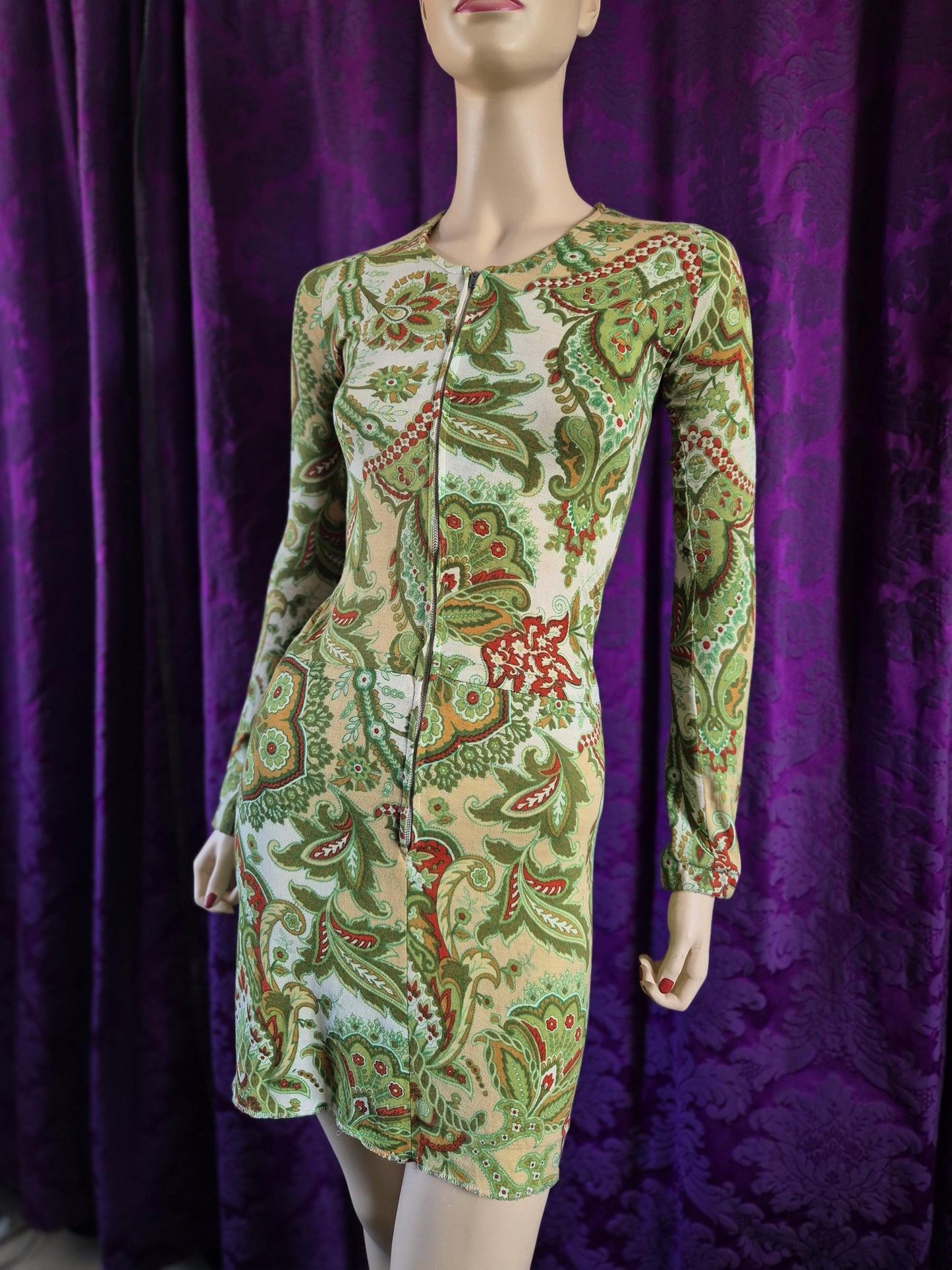 Vintage Green Paisley Jersey Go-Go Swinging 60s dress by Marlborough