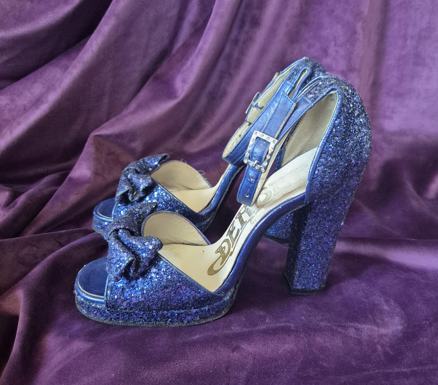 Vintage 1970s Midnight Blue Glitter Bow Sandal Platform Shoes by Berber