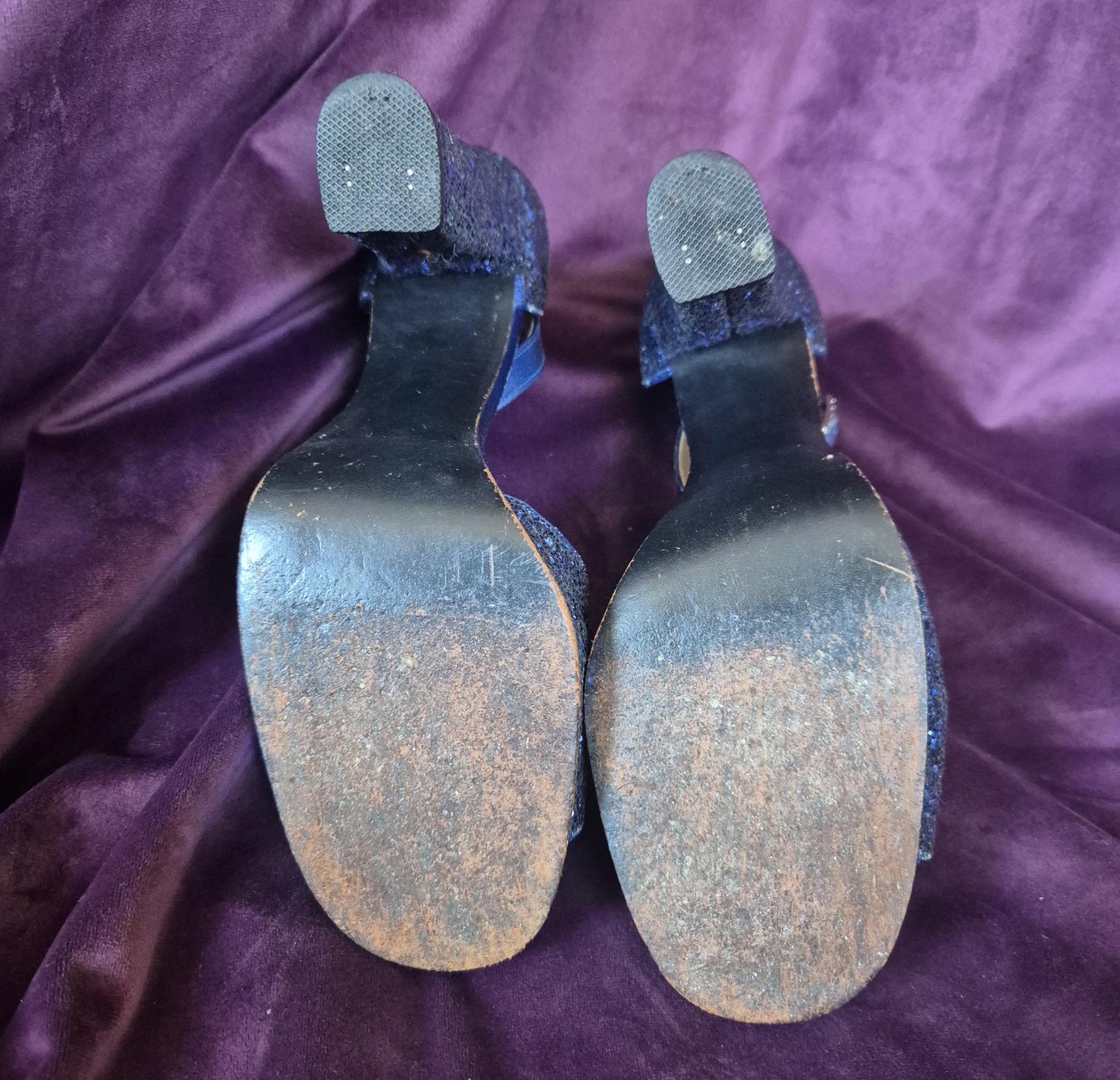 Vintage 1970s Midnight Blue Glitter Bow Sandal Platform Shoes by Berber