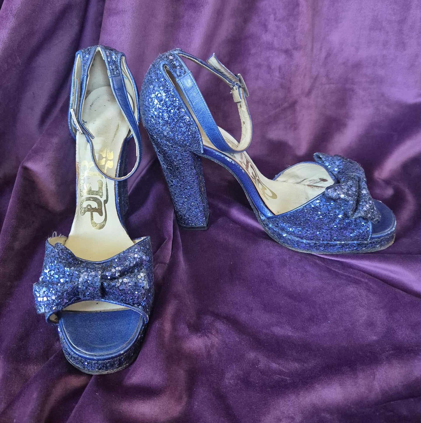 Vintage 1970s Midnight Blue Glitter Bow Sandal Platform Shoes by Berber