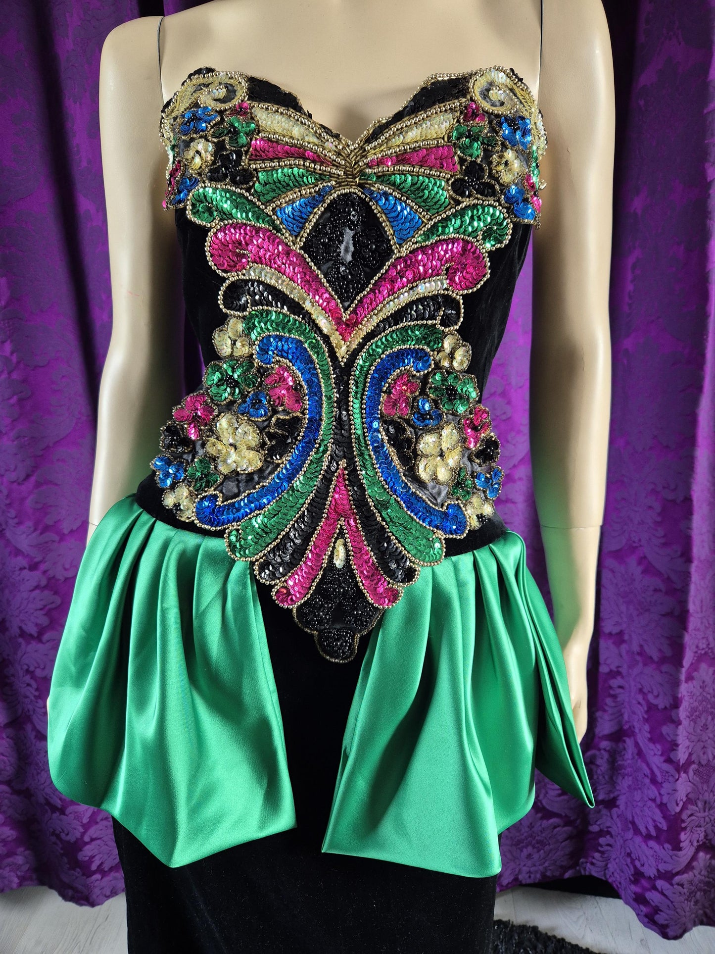 Vintage 1980s Bejewelled Velvet Strapless Peplum Dress