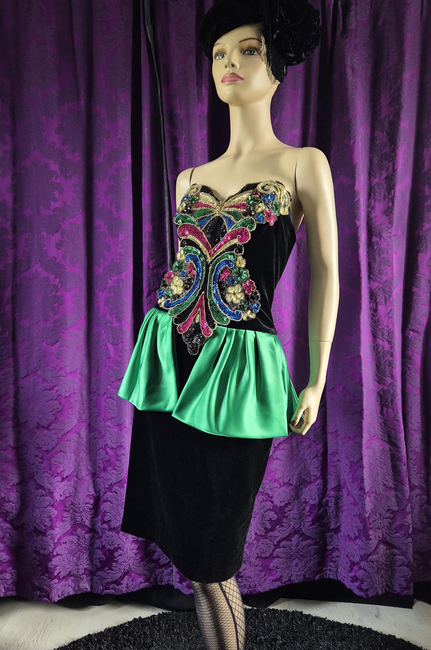 Vintage 1980s Bejewelled Velvet Strapless Peplum Dress