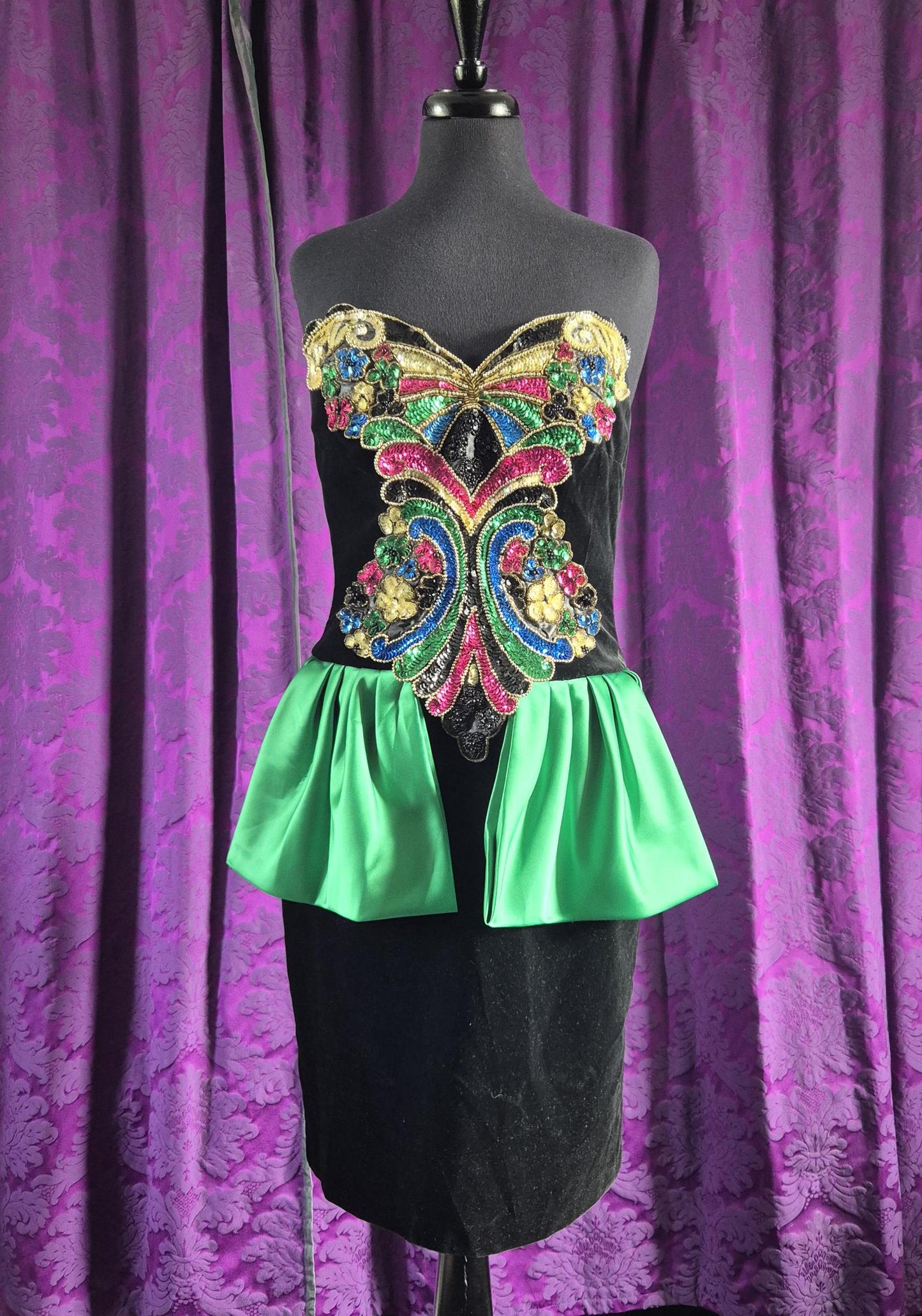 Vintage 1980s Bejewelled Velvet Strapless Peplum Dress