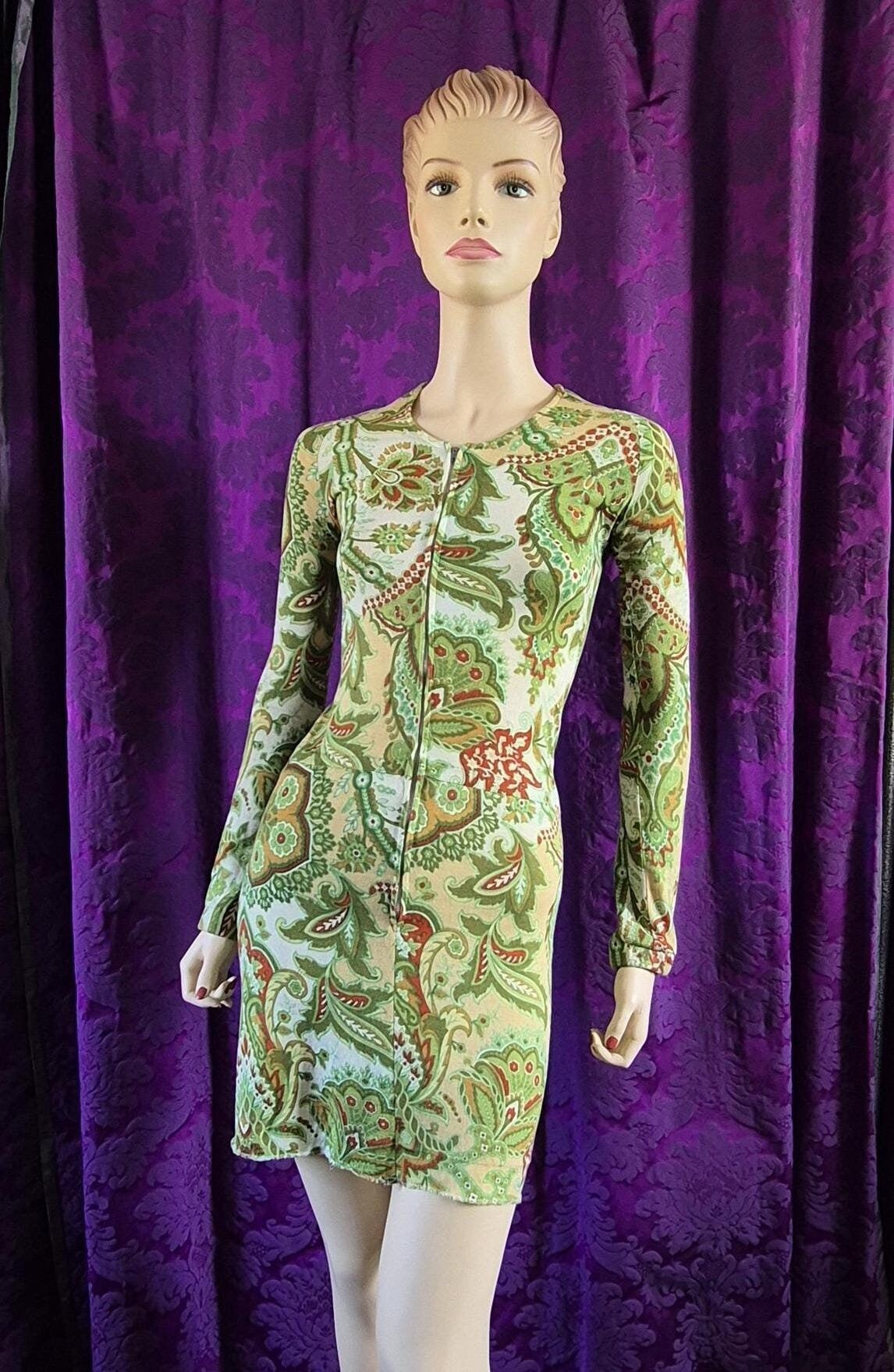 Vintage Green Paisley Jersey Go-Go Swinging 60s dress by Marlborough