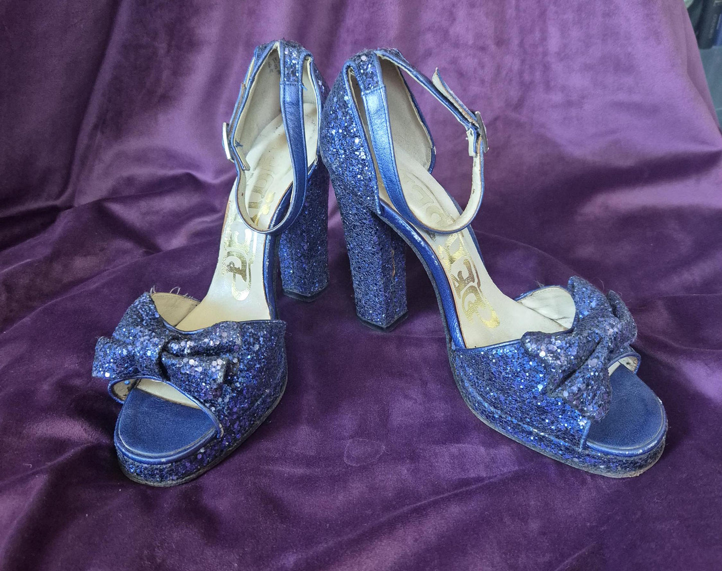 Vintage 1970s Midnight Blue Glitter Bow Sandal Platform Shoes by Berber
