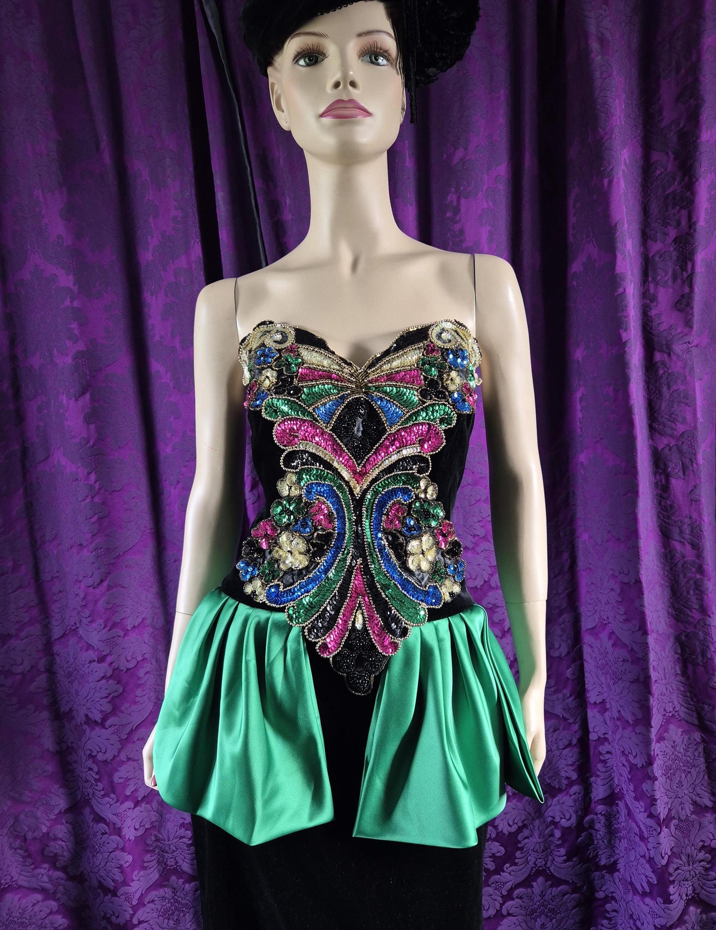 Vintage 1980s Bejewelled Velvet Strapless Peplum Dress