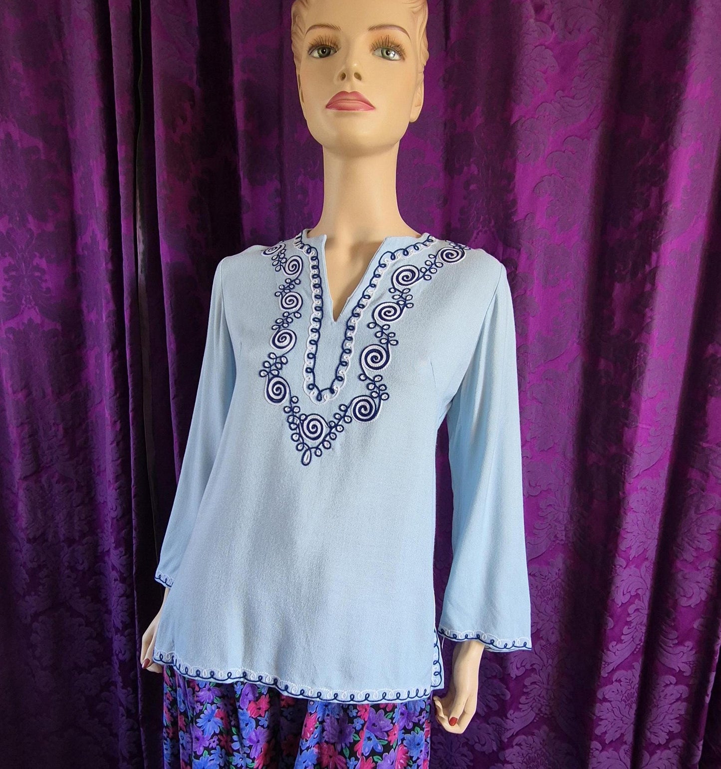 Vintage Pale Blue Boho Embroidered Tunic Top