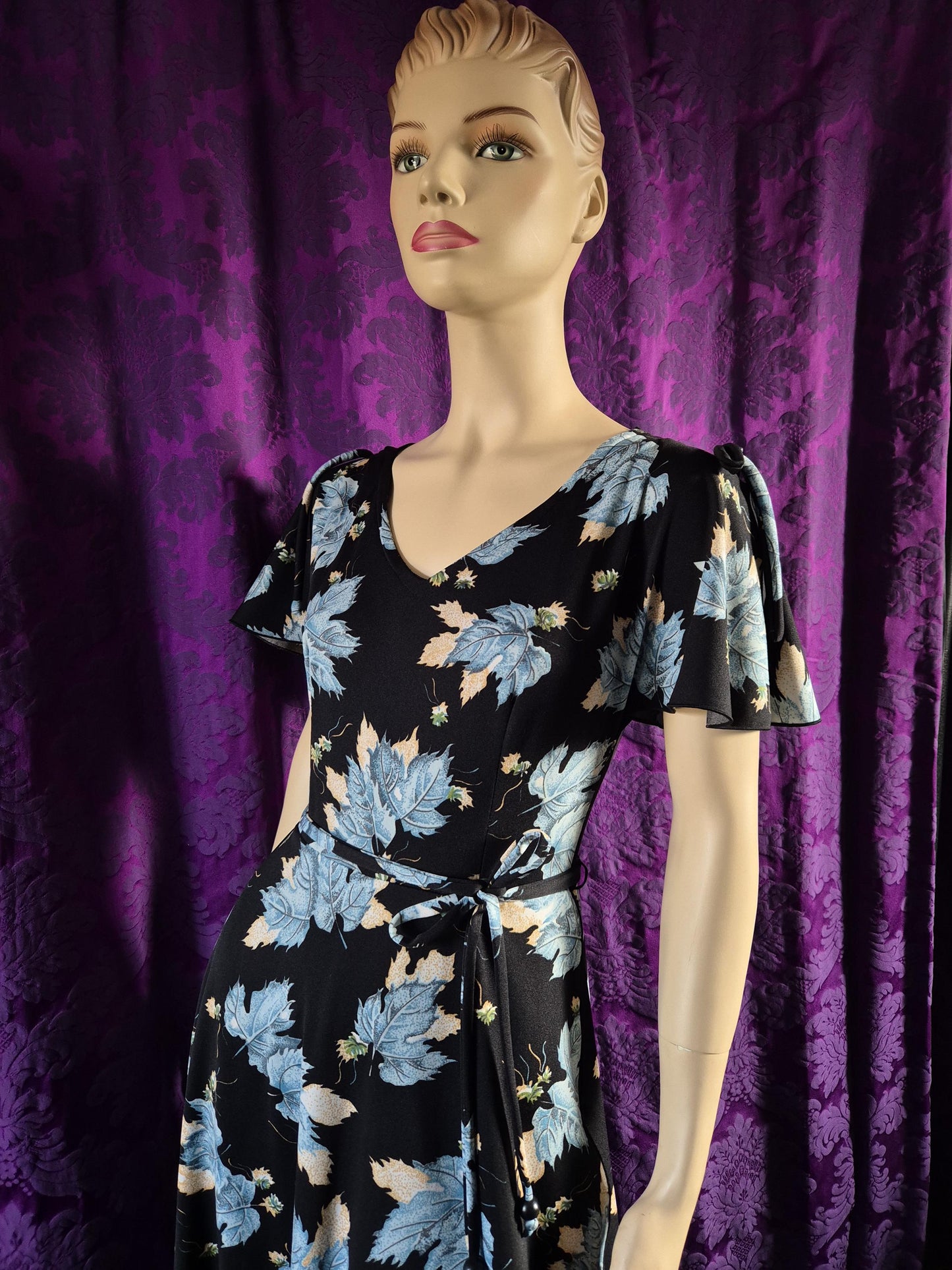 Vintage 1970s Blue Leaf Print Layered Boho Fairy Maxi Dress
