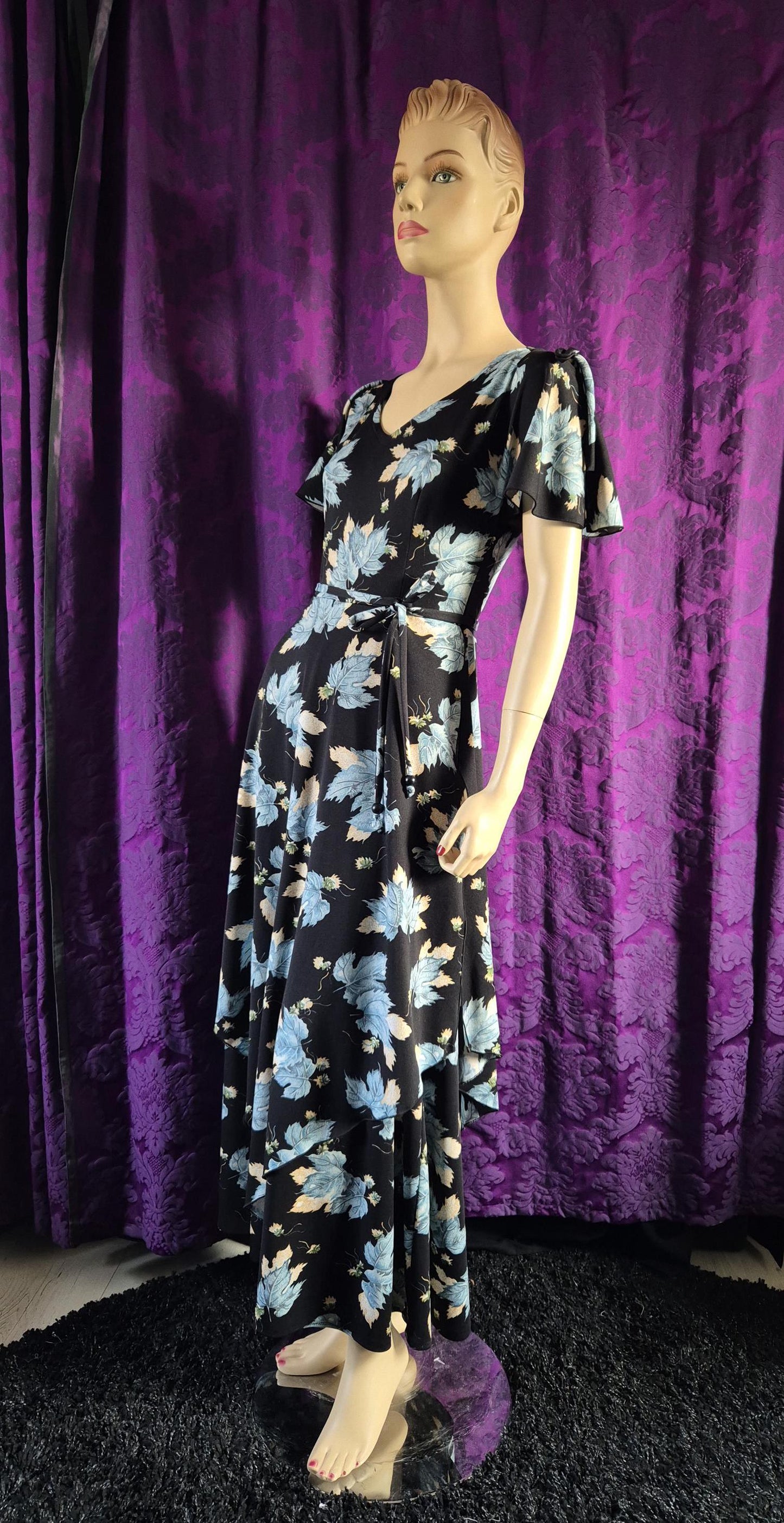 Vintage 1970s Blue Leaf Print Layered Boho Fairy Maxi Dress
