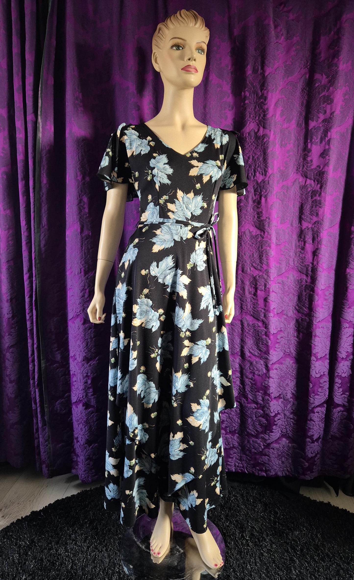 Vintage 1970s Blue Leaf Print Layered Boho Fairy Maxi Dress