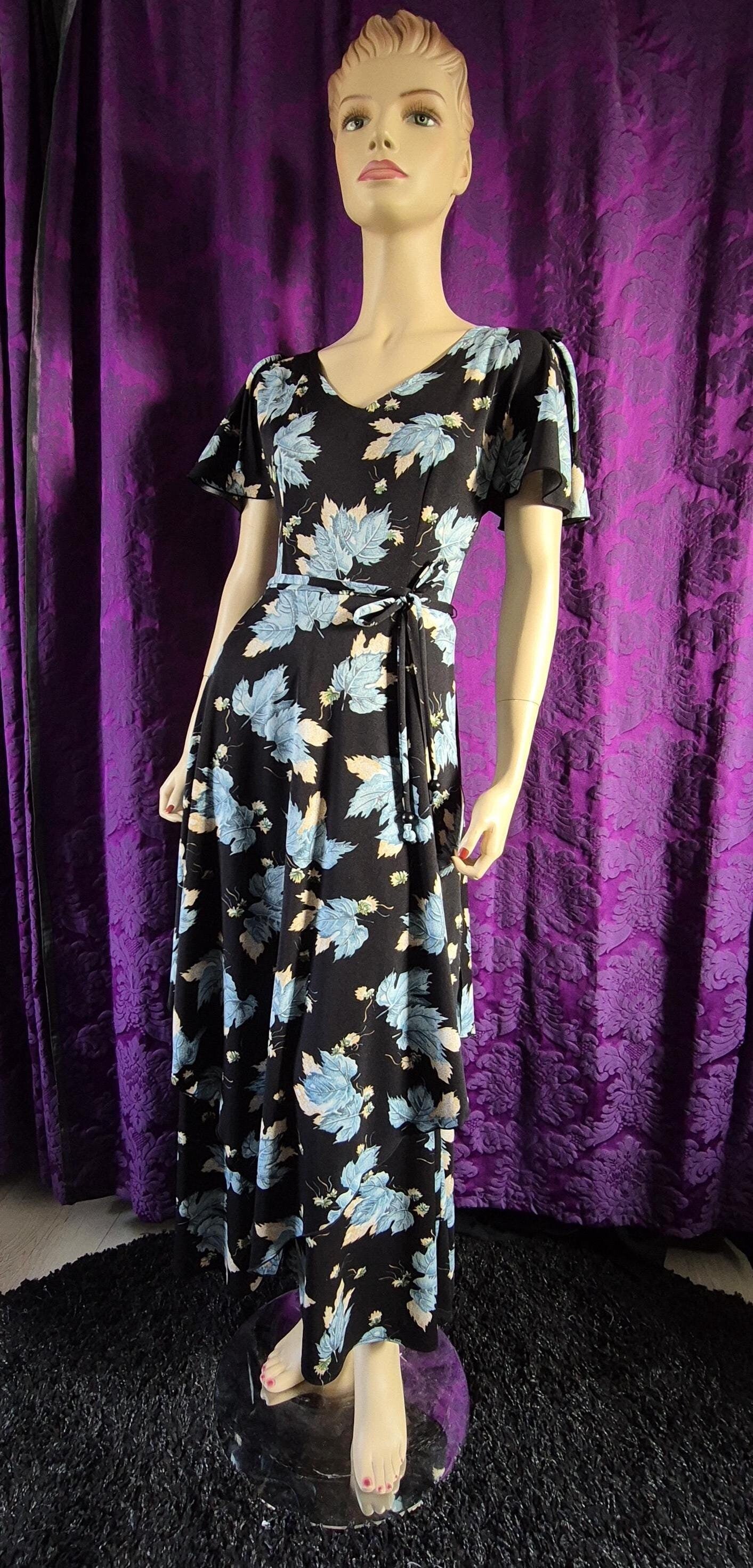 Vintage 1970s Blue Leaf Print Layered Boho Fairy Maxi Dress