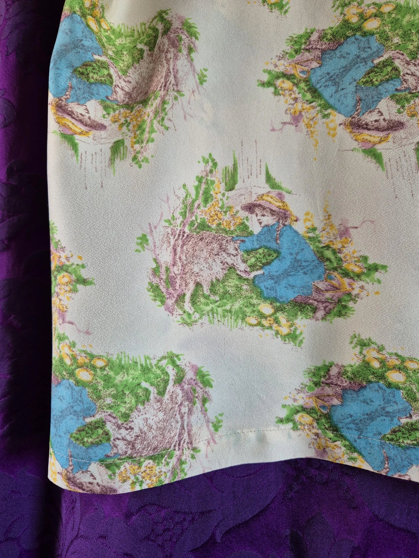 Vintage 1970s Storybook Illustration Blouse - Little Girl & Lamb