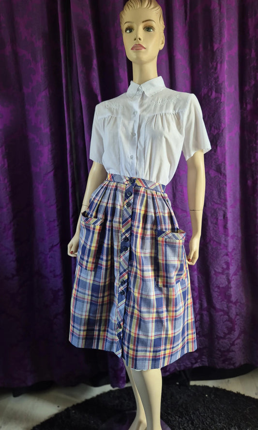 Vintage 1970s Checked Full Skirt with Pockets