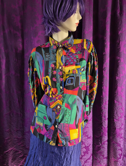 Vintage 1990s Colourful Art Collage Print Blouse