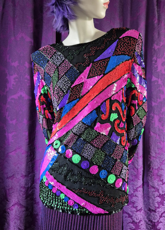 Vintage 1990s Sequin & Beads Abstract Tunic Top