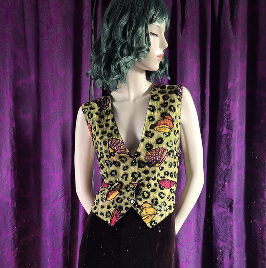 Vintage 1990s Beaded Leopard Print and Seashells Waistcoat