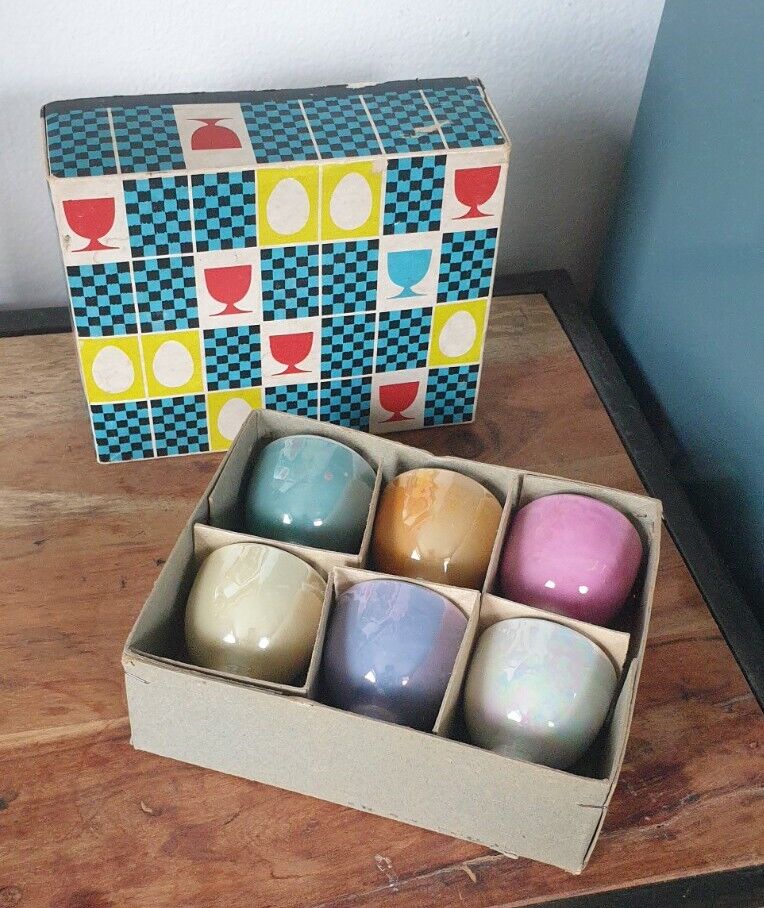 Vintage MCM Lustreware Multi-coloured Egg Cups in Original Box