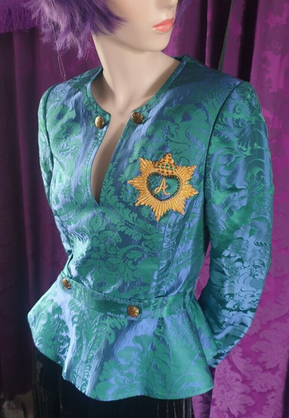 Handmade Damask Peplum Blouse with Goldwork Embroidery Crest
