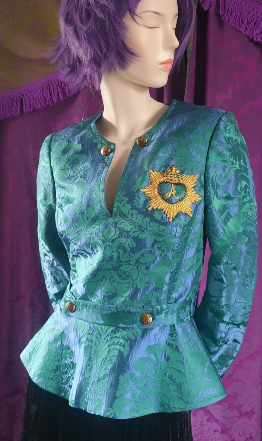 Handmade Damask Peplum Blouse with Goldwork Embroidery Crest