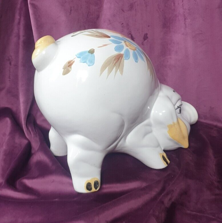 Vintage Jumbo Hand-Painted Ceramic Folk Art Style Piggy Bank