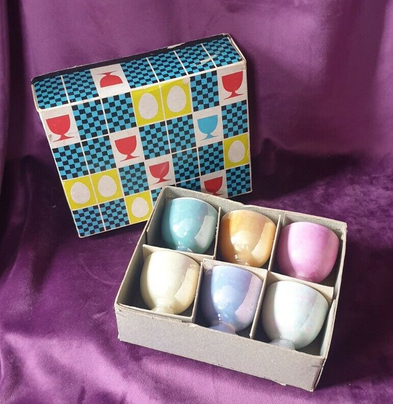 Vintage MCM Lustreware Multi-coloured Egg Cups in Original Box