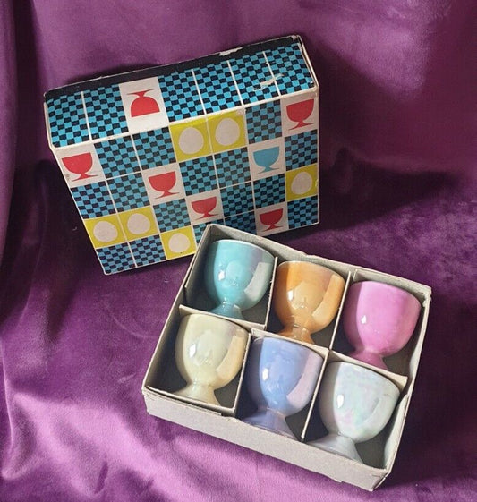 Vintage MCM Lustreware Multi-coloured Egg Cups in Original Box