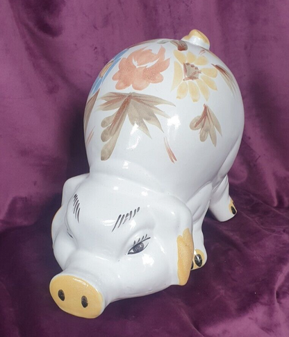 Vintage Jumbo Hand-Painted Ceramic Folk Art Style Piggy Bank