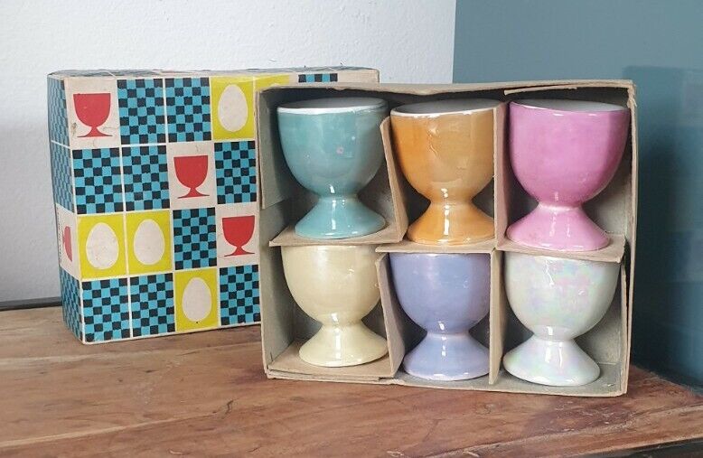 Vintage MCM Lustreware Multi-coloured Egg Cups in Original Box