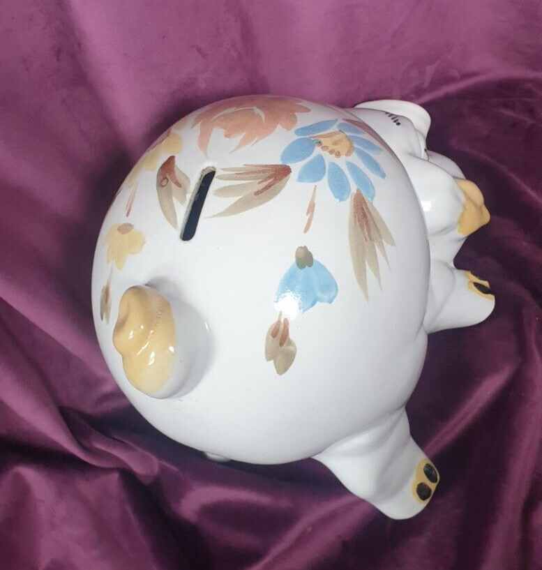 Vintage Jumbo Hand-Painted Ceramic Folk Art Style Piggy Bank