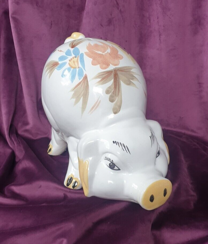 Vintage Jumbo Hand-Painted Ceramic Folk Art Style Piggy Bank